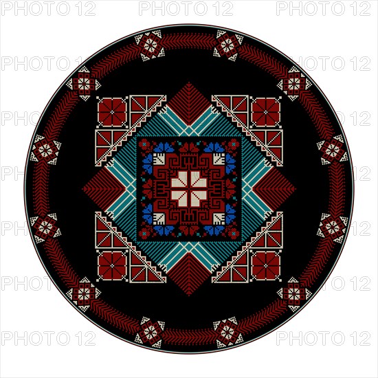 Decorative round Palestinian Tatreez design element over white background, vector illustration