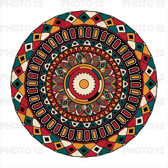 Decorative round tribal design element over white background, vector illustration