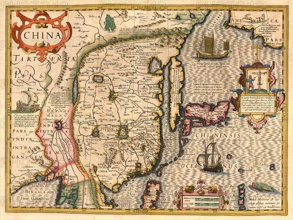 Atlas, map from 1623, China, digitally restored reproduction from an engraving by Gerhard Mercator, born as Gheert Cremer, 5 March 1512, 2 December 1594, geographer and cartographer, Asia
