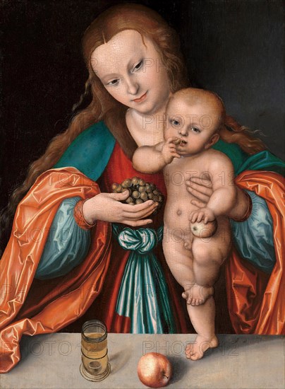 Madonna and Child, painting by Lucas Cranach the Elder, 4 October 1472, 16 October 1553, one of the most important German painters, graphic artists and book printers of the Renaissance, Historical, digitally restored reproduction of a historical original