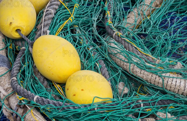 Fishing net with ropes and buoys, Majorca, Balearic Islands, Spain, Europe