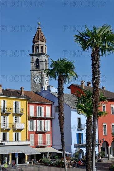 Lake promenade in Ascona with church Santi Pietro e Paolo, Lungolago, Canton Ticino, Switzerland, Europe