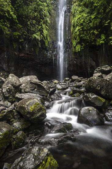 River and waterfall Cascata das 25 Fontes, long exposure, Rabacal, Paul da Serra, Madeira, Portugal, Europe