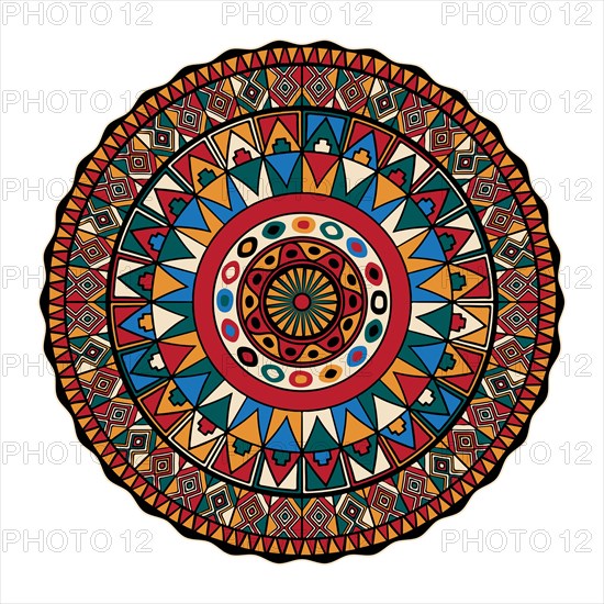 Decorative round tribal design element over white background, vector illustration