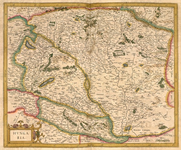 Atlas, map from 1623, Hungary, digitally restored reproduction from an engraving by Gerhard Mercator, born as Gheert Cremer, 5 March 1512, 2 December 1594, geographer and cartographer, Europe