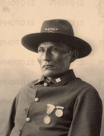 Naiche, hereditary chief, serving the army, Chiricahua Apaches, an Apache tribal group in the southwestern United States, after a painting by F.A.Rinehart, 1899, Historic, digitally restored reproduction of an original from the period