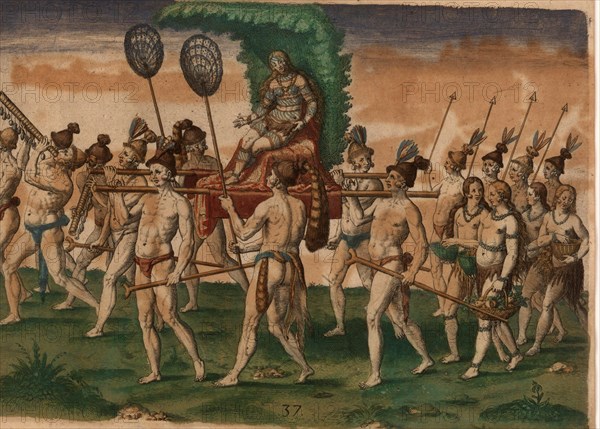 Native Americans carry their future queen on a palanquin. In front of them walk men playing musical instruments like a trumpet, followed by woman carrying baskets of fruit and soldiers with spears. Two men fan her with air and the bearers hold forked sticks. Contains tattoos, Historic, digitally restored reproduction of an original from the period