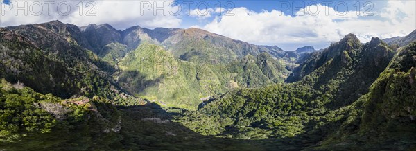 Aerial view, Panorama, Green hills and mountains, Miradouro dos Balcoes, Ribeira da Metade mountain valley and the central mountains, Madeira, Portugal, Europe