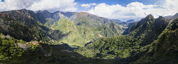 Aerial view, Panorama, Green hills and mountains, Miradouro dos Balcoes, Ribeira da Metade mountain valley and the central mountains, Madeira, Portugal, Europe