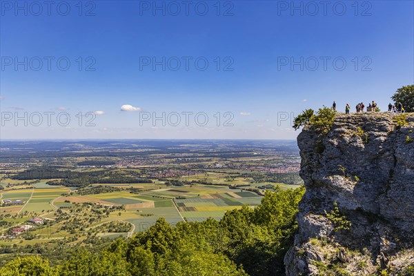 View from the rock plateau Breitenstein over the landscape in the foothills of the Alb, Swabian Alb, Ochsenwang, Bissingen an der Teck, Baden-Wuerttemberg, Germany, Europe