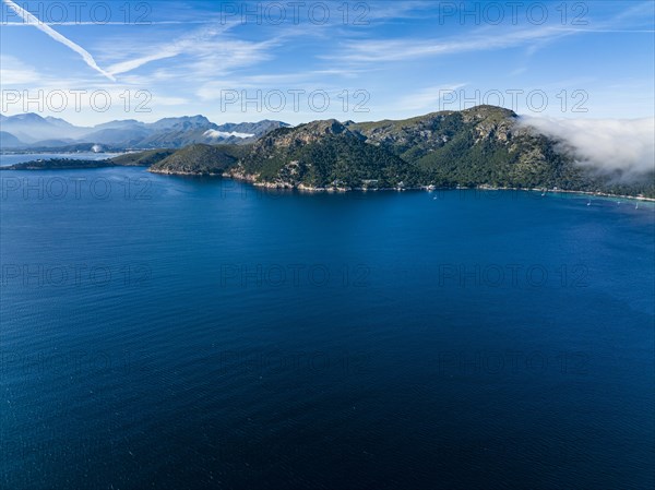 Aerial view, Spain, Balearic Islands, Port de Pollenca, Formentor Peninsula with Formentor Beach, Hotel Royal Hideaway Formentor formerly Hotel Formentor, Cala Pi de la Posada, Illa del Geret, Europe