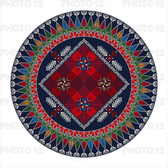 Decorative round Palestinian Tatreez design element over white background, vector illustration