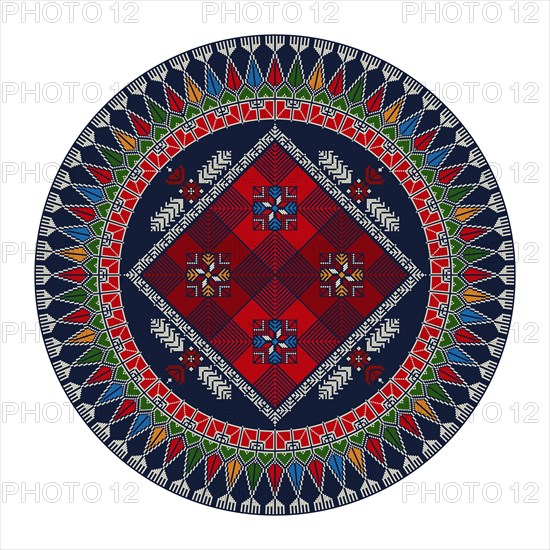 Decorative round Palestinian Tatreez design element over white background, vector illustration