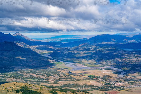 River valley of the Rio Ibanez, Lago General Carrera in the background, view from Cerro Castillo National Park, Aysen, Patagonia, Chile, South America