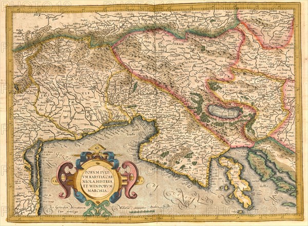 Atlas, map from 1623, Gulf of Trieste, Italy, Istria, digitally restored reproduction from an engraving by Gerhard Mercator, born as Gheert Cremer, 5 March 1512, 2 December 1594, geographer and cartographer, Europe