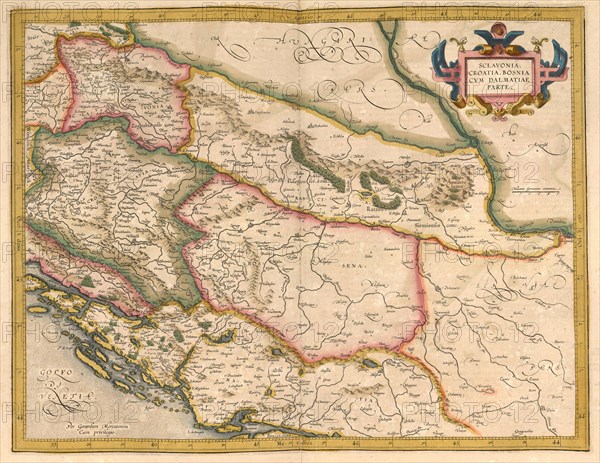 Atlas, map from 1623, Sclavonia, Slovenia, Croatia, Bosnia, Dalmatia, digitally restored reproduction from an engraving by Gerhard Mercator, born as Gheert Cremer, 5 March 1512, 2 December 1594, geographer and cartographer, Europe
