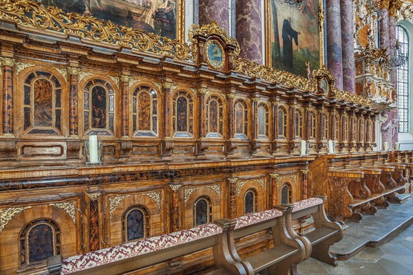 Choir stalls in the Marienkirche in Fuerstenfeld Abbey, former Cistercian abbey in Fuerstenfeldbruck, Bavaria, Germany, Europe