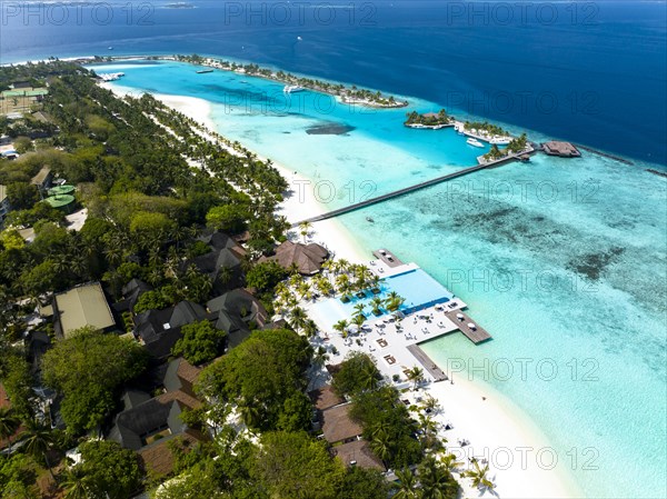 Aerial View, Paradise Island with Water Bungalows, Indian Ocean, Lankanfushi, North Male Atoll, Maldives, Asia