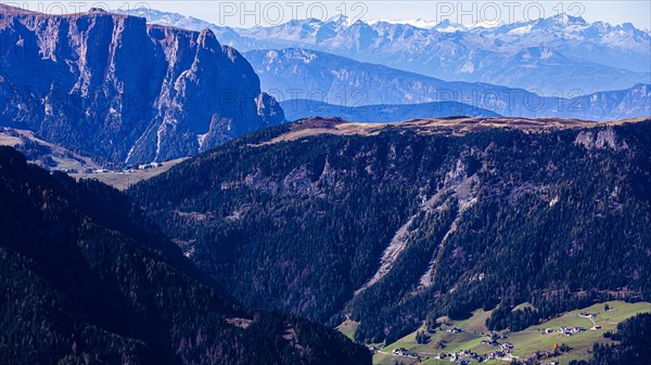 Mountains of the Dolomites, above Ortisei, view from the Seceda peak, Val Gardena, Dolomites, South Tyrol, Italy, Europe