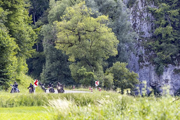 The Lauter Valley in the Swabian Alb is a popular route for motorcyclists, Muensingen, Baden-Wuerttemberg, Germany, Europe