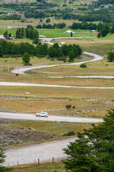 Car on the Carretera Austral, also Panamericana, Cerro Castillo National Park, Aysen, Patagonia, Chile, South America