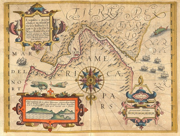 Atlas, map from 1623, South Pole, Antarctica, Tierra del Fuego, digitally restored reproduction from an engraving by Gerhard Mercator, born as Gheert Cremer, 5 March 1512, 2 December 1594, geographer and cartographer, Antarctica