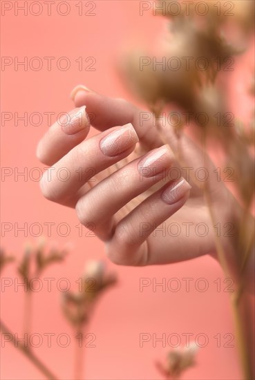 Gentle neat manicure on female hands on a background of dry flowers. Nail design