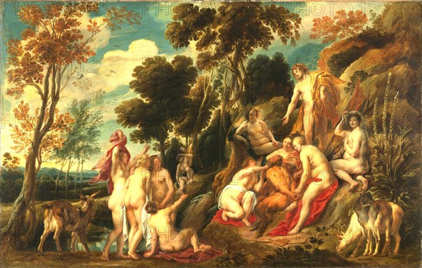Marsyas, abused by the Muses, In Greco-Roman myth a satyr, a semi-divine being, son of Hyagnis, companion of Cybele, Painting by Jacob Jordaens, Historical, digitally restored reproduction from a historical work of art