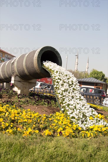 Flowers running out of a pipe in a garden