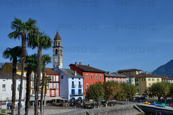 Lake promenade in Ascona with church Santi Pietro e Paolo, Lungolago, Canton Ticino, Switzerland, Europe