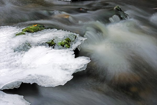 Mountain stream in the Bavarian Forest National Park, close-up with snow, ice, flow. Bavaria, Germany, Europe