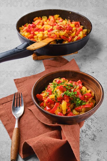 Vegetable ragout in rustic clay bowl