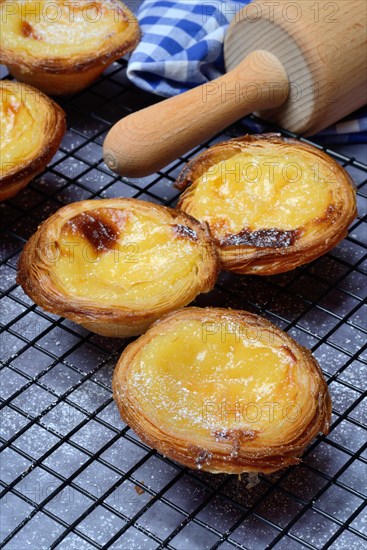 Pastel de Nata, Pasteis de Nata on a cake rack, custard tart, Portuguese speciality