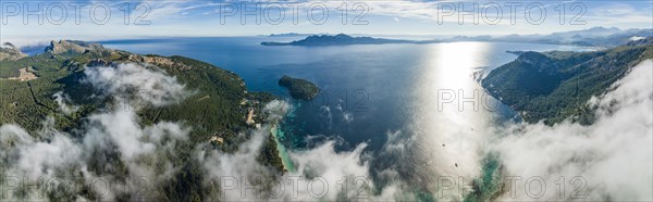 Aerial view, Spain, Balearic Islands, Port de Pollenca, Formentor Peninsula with Formentor Beach, Hotel Royal Hideaway Formentor formerly Hotel Formentor, Cala Pi de la Posada, Illa del Geret, Europe