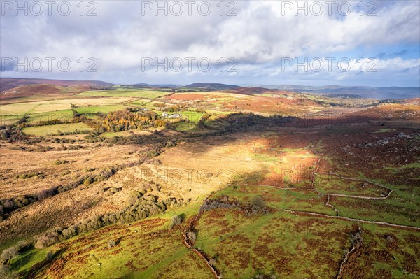 View over Emsworthy Mire from a drone, Haytor Rocks, Dartmoor National Park, Devon, England, UK