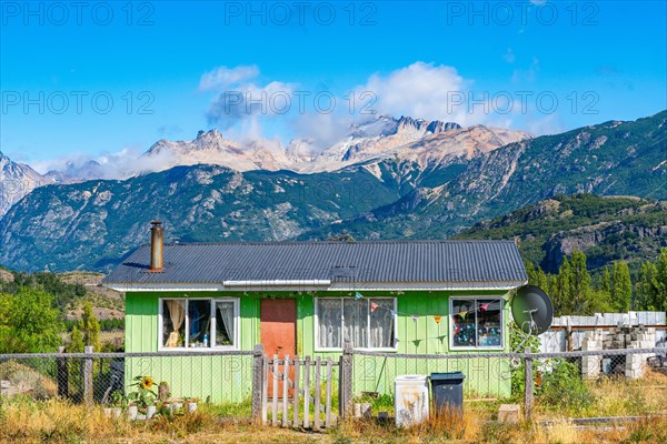 Green home in the village of Villa Cerro Castillo, Cerro Castillo National Park, Aysen, Patagonia, Chile, South America