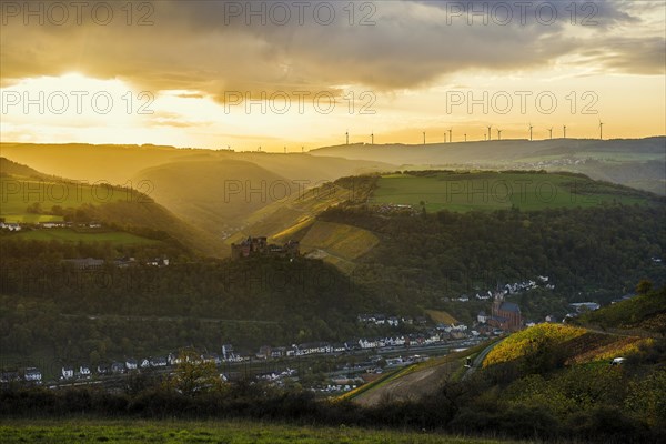 Panorama and sunset, Schoenburg, Oberwesel, Upper Middle Rhine Valley, UNESCO World Heritage Site, Rhineland-Palatinate, Germany, Europe