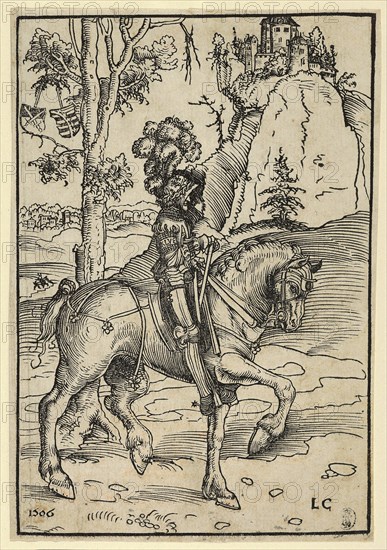 Knight on horseback riding to the right, painting by Lucas Cranach the Elder, 4 October 1472, 16 October 1553, one of the most important German painters, graphic artists and letterpress printers of the Renaissance 261062, Historic, digitally restored reproduction of a historic original
