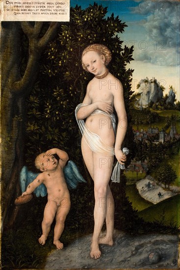 Venus with Cupid the Honey Thief, painting by Lucas Cranach the Elder, 4 October 1472, 16 October 1553, one of the most important German painters, graphic artists and letterpress printers of the Renaissance, Historic, digitally restored reproduction of a historic original