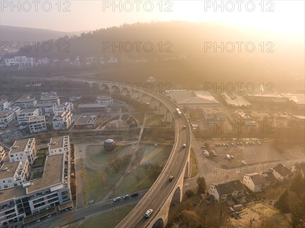 Road on the viaduct at sunrise, Nagold, Black Forest, Germany, Europe