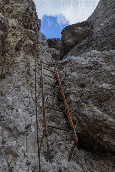 Elements set by man to facilitate the route via ferrata. Dolomites, Italy, Dolomites, Italy, Europe