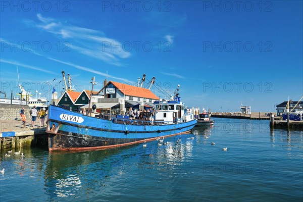 Oudeschild, Texel, North Netherlands, August 2019: Blue boat called Rival anchored at Oudeschild harbor with people on board offering sport fishing tours to tourists on island Texel