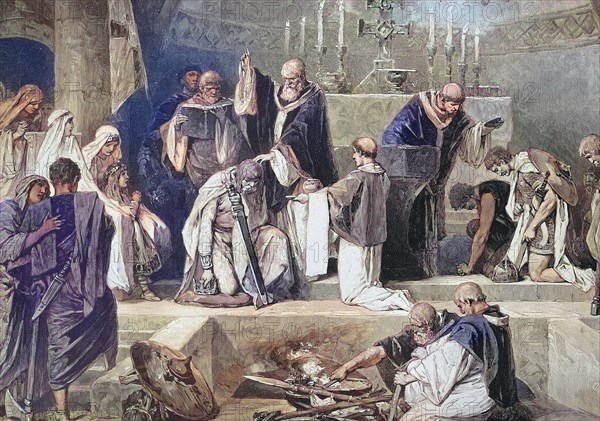 Clovis was the first king of the Franks, here the Baptism of Clovis, Historical, digitally restored reproduction of an original from the 19th century, exact date unknown