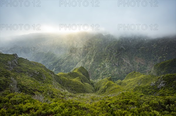 Mountains and ravines with fog, Achada do Teixeira, Madeira, Portugal, Europe