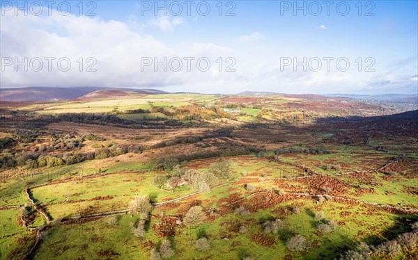 View over Emsworthy Mire from a drone, Haytor Rocks, Dartmoor National Park, Devon, England, UK