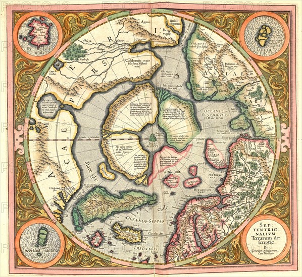 Atlas, map from 1623, Arctic, North Pole and surrounding countries, digitally restored reproduction from an engraving by Gerhard Mercator, born Gheert Cremer, 5 March 1512, 2 December 1594, geographer and cartographer