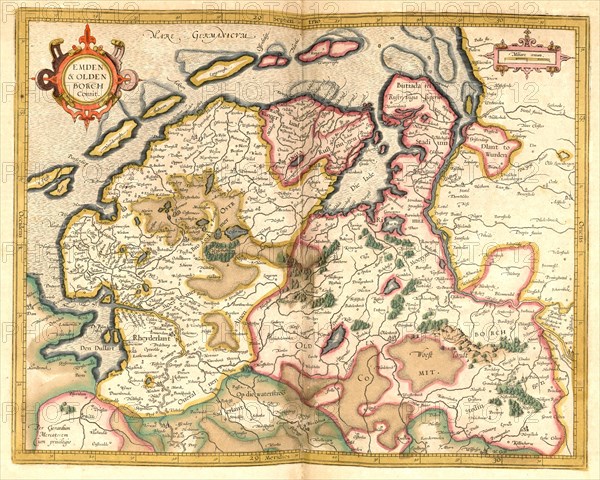 Atlas, map from 1623, Emden and Oldenburg, Germany, digitally restored reproduction from an engraving by Gerhard Mercator, born as Gheert Cremer, 5 March 1512, 2 December 1594, geographer and cartographer, Europe