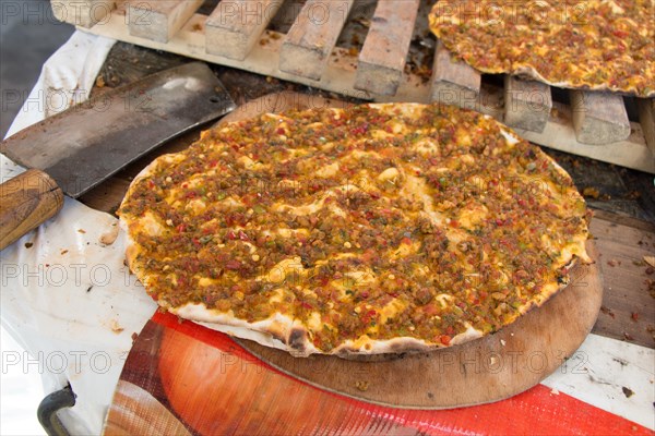 Lahmacun, Turkish pizza pancake with spicy meat filling