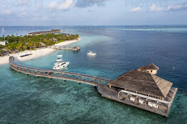 Aerial view, Hurawalhi Island resort with beaches and water bungalows, North Male Atoll, Maldives, Indian Ocean, Asia