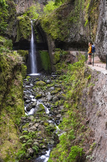 Hiker at Levada do Moinho, Waterfall in a gorge, Ponta do Sol, Madeira, Portugal, Europe